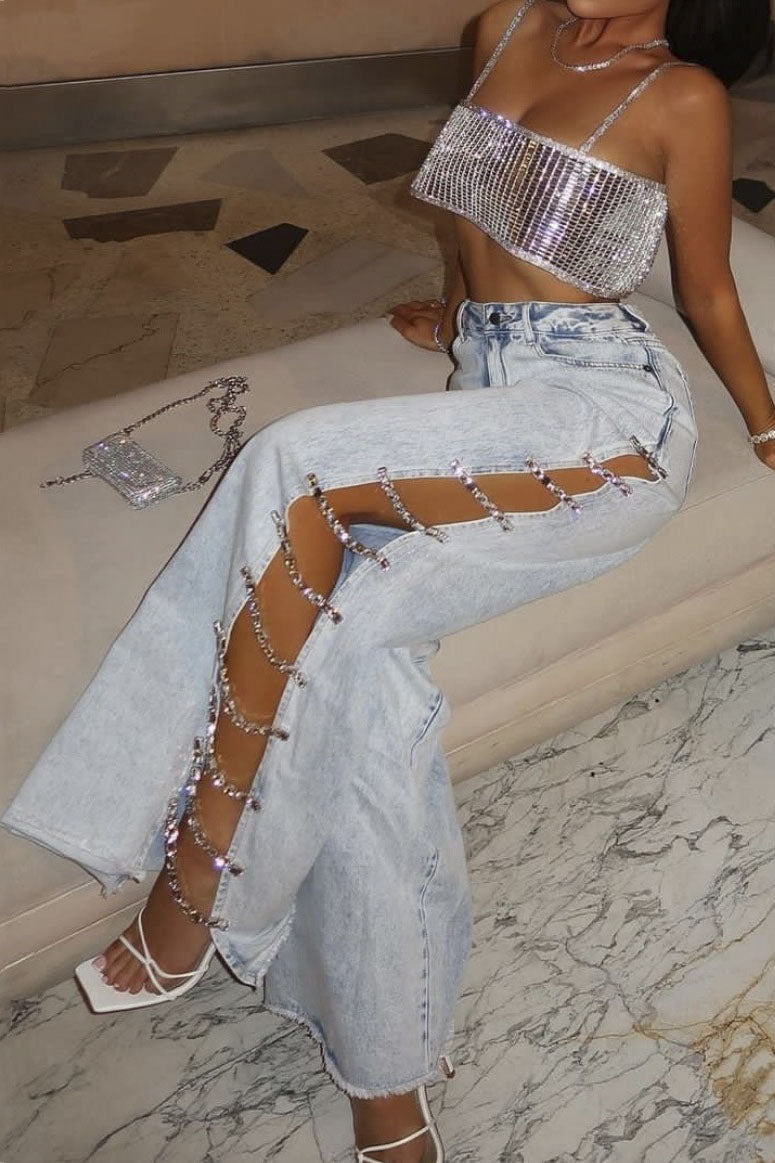 Y2K Rhinestone Side-Slit Denim Pants