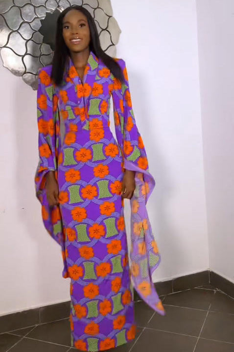 Vibrant Ankara Bell-Sleeve Fitted Maxi Dress