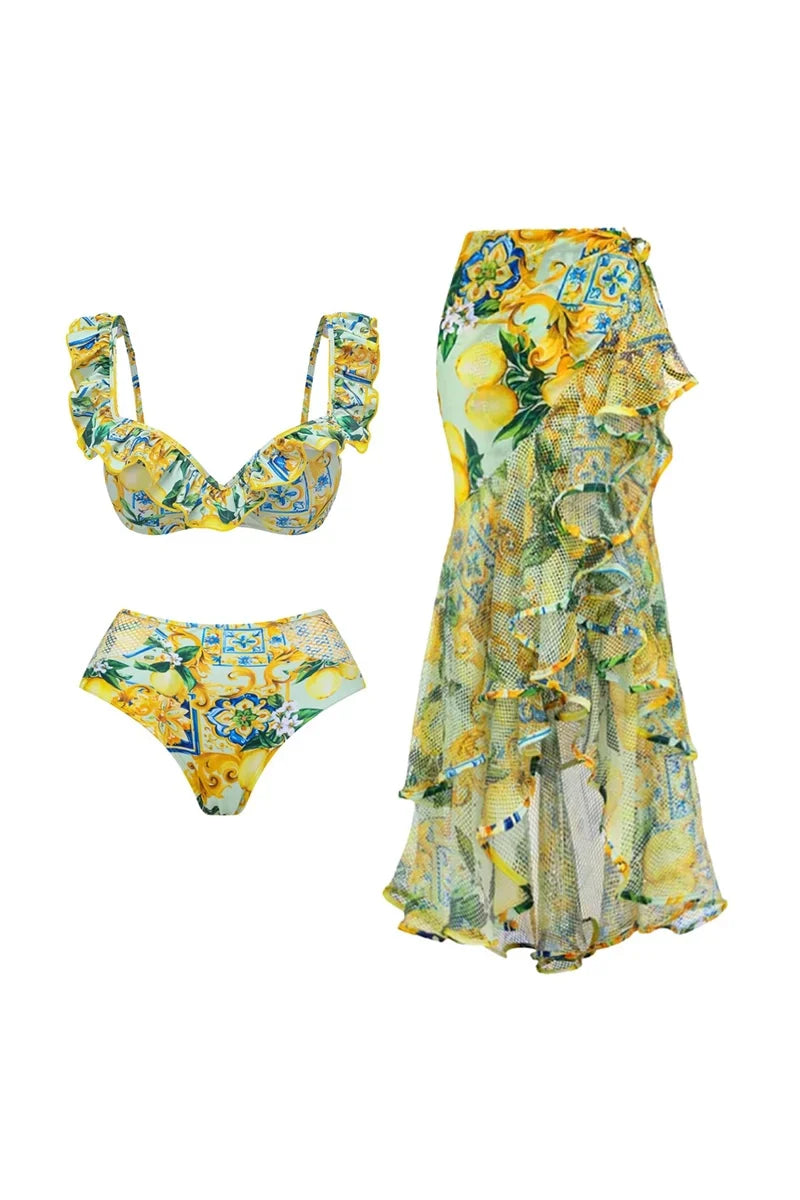 Lemon Print Ruffle Bikini Set