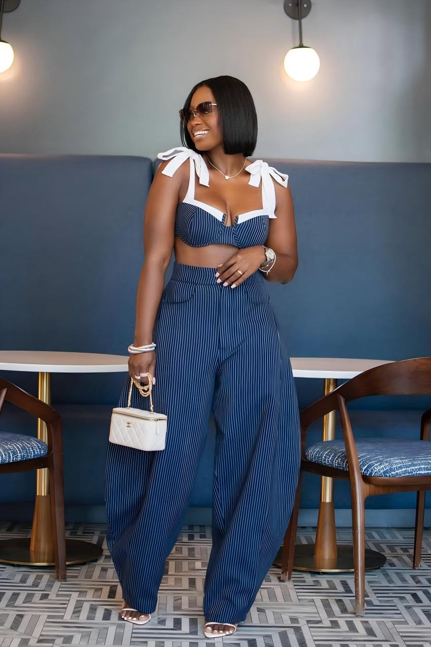 Chic Retro Striped Wide Leg Pants Set