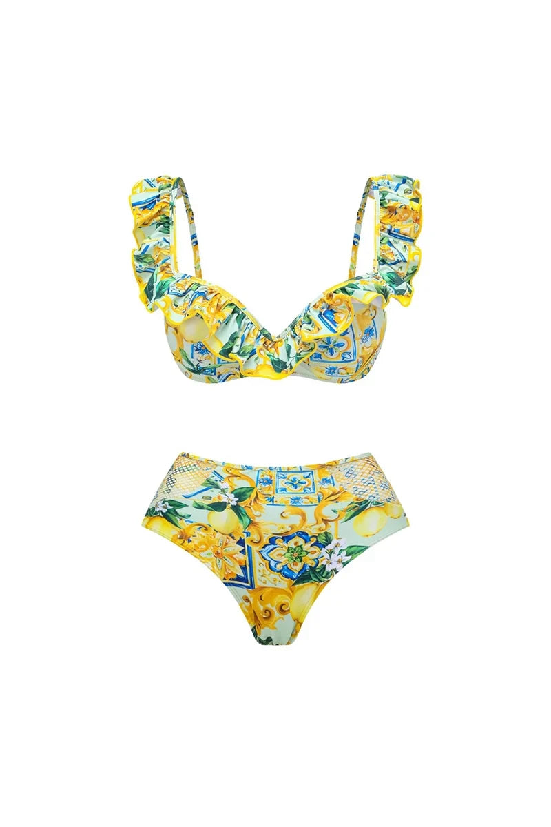 Lemon Print Ruffle Bikini Set