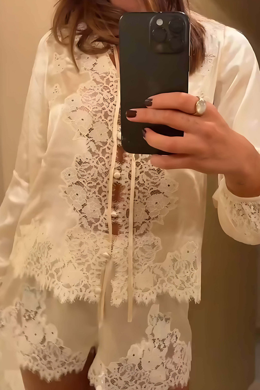 Lace Trimmed Satin Pajama Set