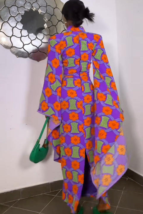 Vibrant Ankara Bell-Sleeve Fitted Maxi Dress