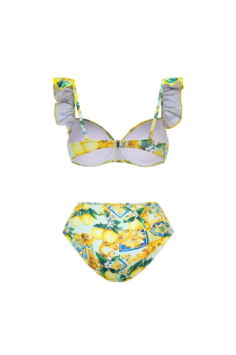Lemon Print Ruffle Bikini Set