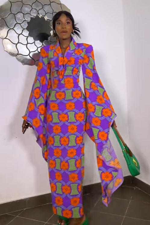 Vibrant Ankara Bell-Sleeve Fitted Maxi Dress