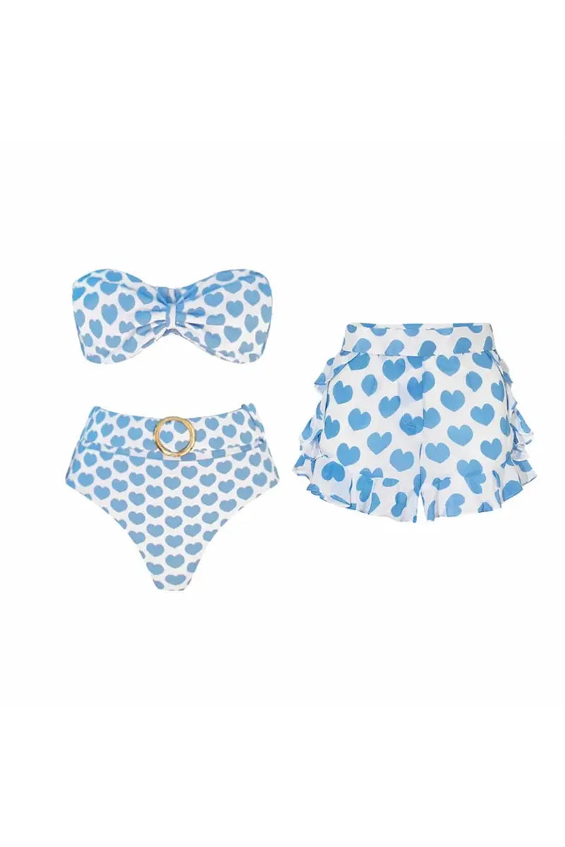 Heart Print Fresh Shorts Bikini Set