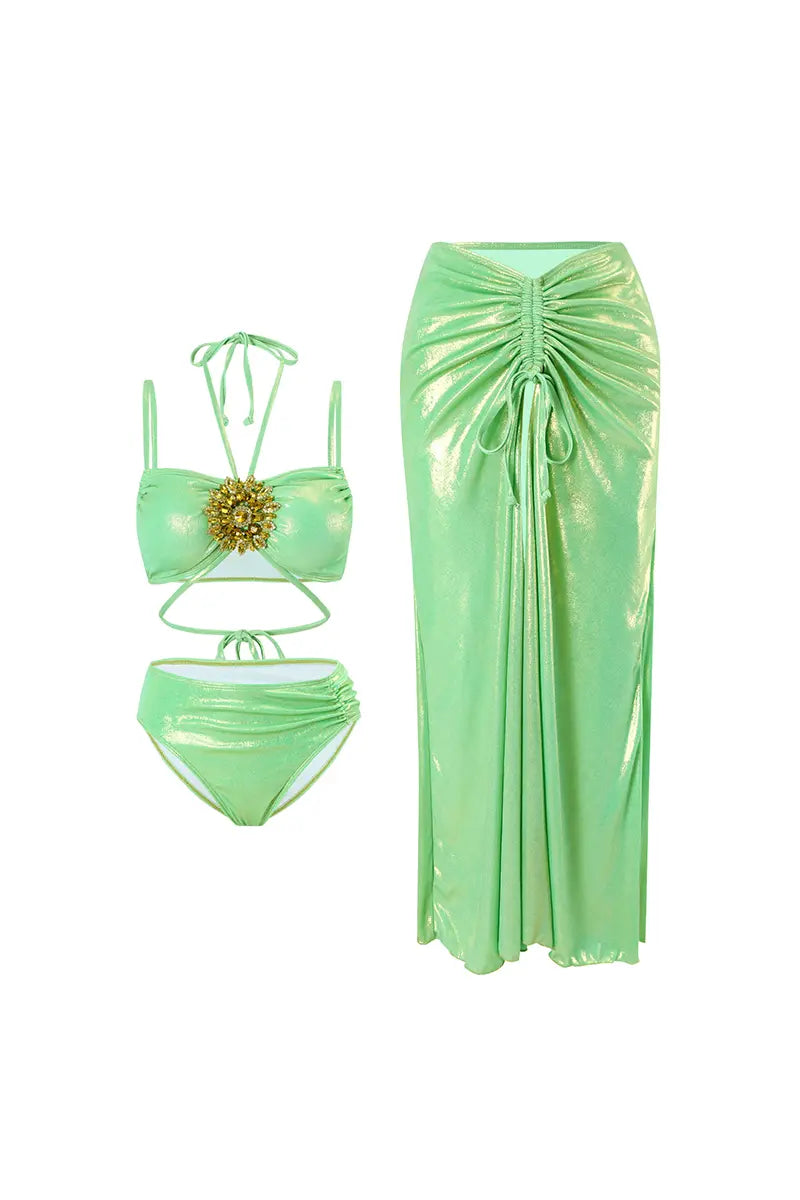 Mint Green Rhinestone Halter Bikini Set