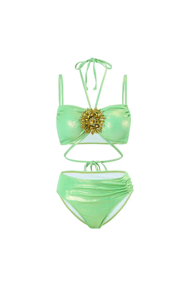 Mint Green Rhinestone Halter Bikini Set