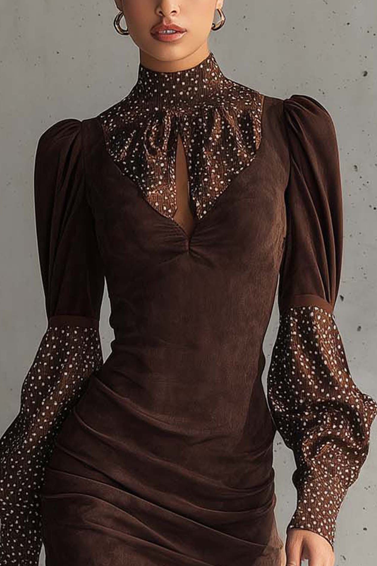 Brown Faux Suede Bodycon Dress With Satin Polka Dots