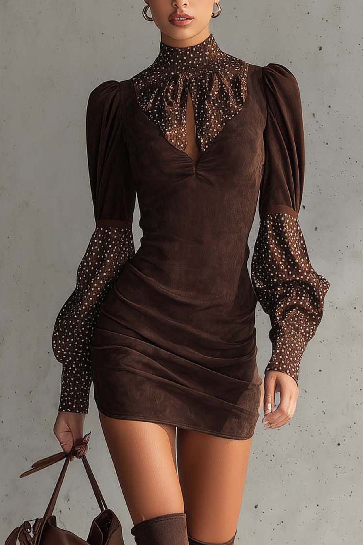 Brown Faux Suede Bodycon Dress With Satin Polka Dots