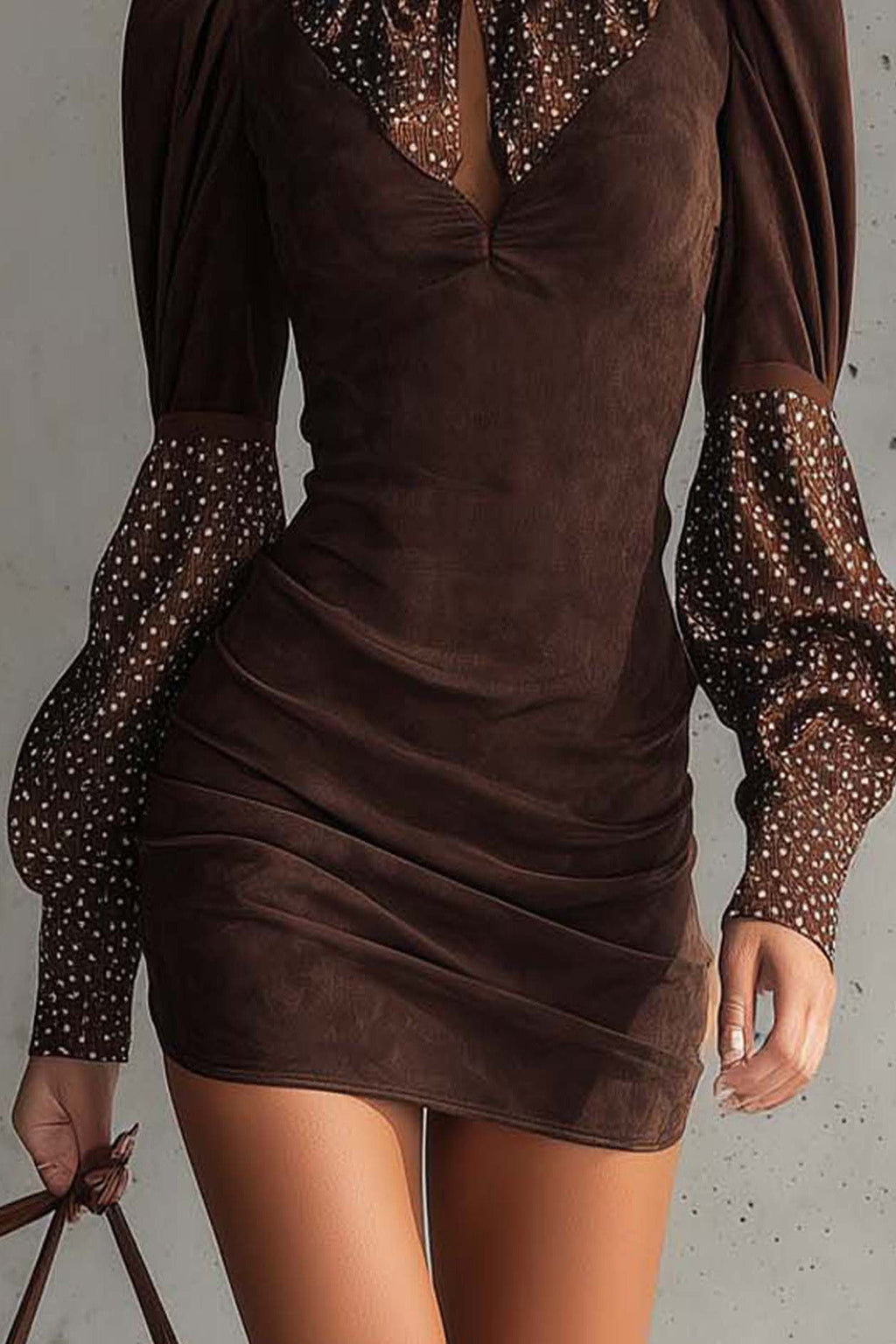 Brown Faux Suede Bodycon Dress With Satin Polka Dots