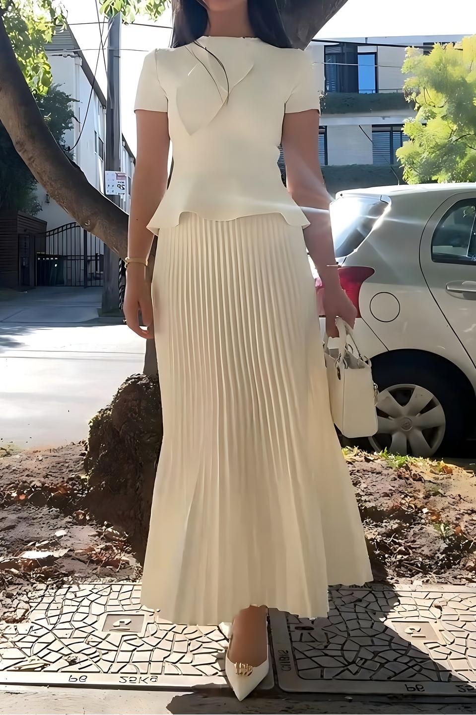 Crepe Knit Cravat Top & Pleated Suiting Maxi Skirt