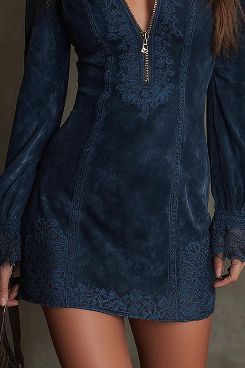 Vintage Blue Suede Lace Trim Mini Dress