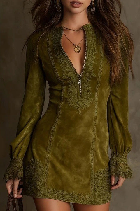 Vintage Blue Suede Lace Trim Mini Dress