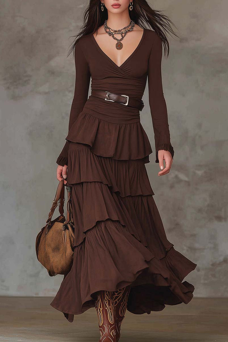 Brown Retro V-neck Multi-layered Ruffled Maxi Dress