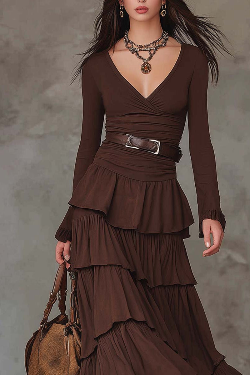 Brown Retro V-neck Multi-layered Ruffled Maxi Dress