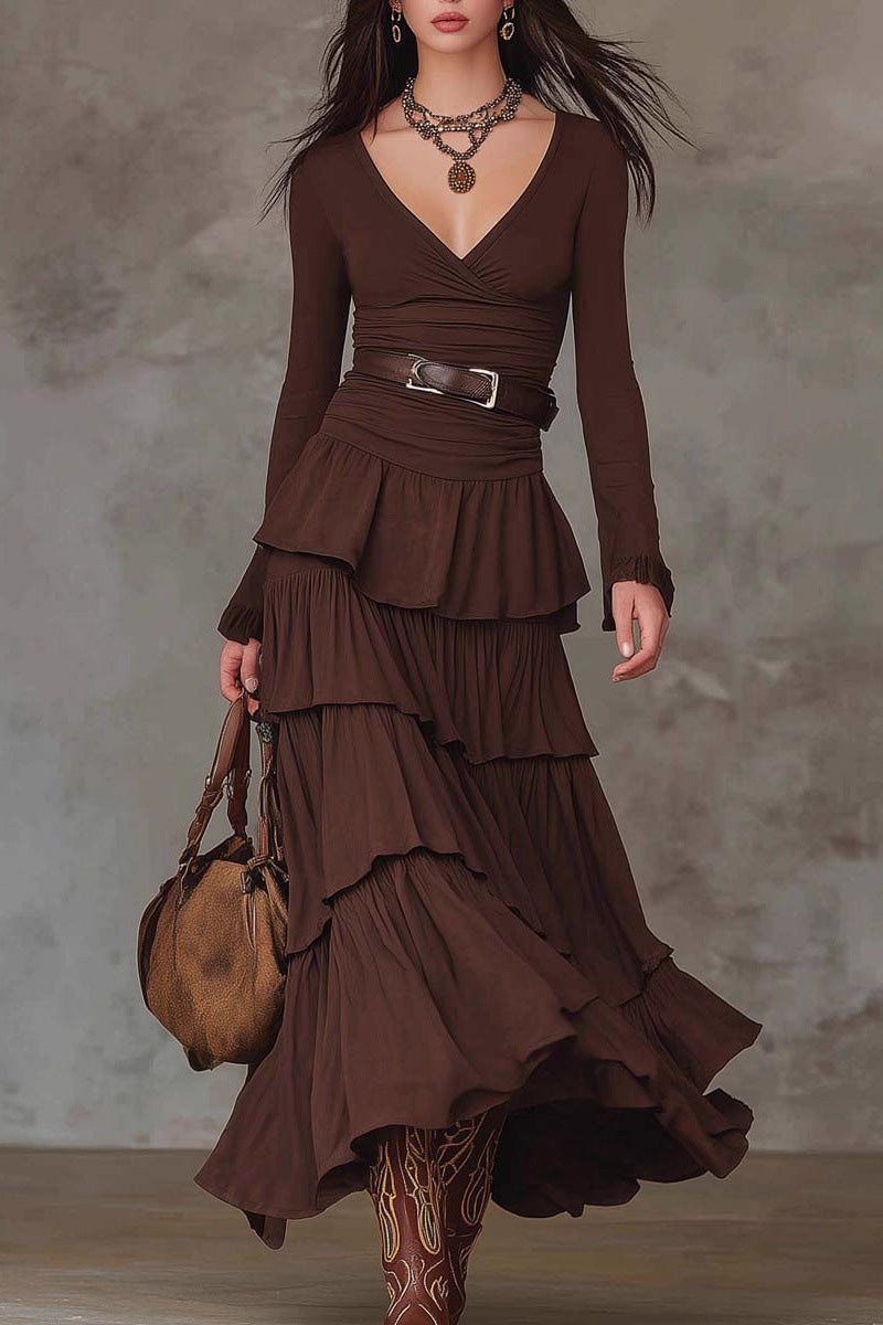 Brown Retro V-neck Multi-layered Ruffled Maxi Dress