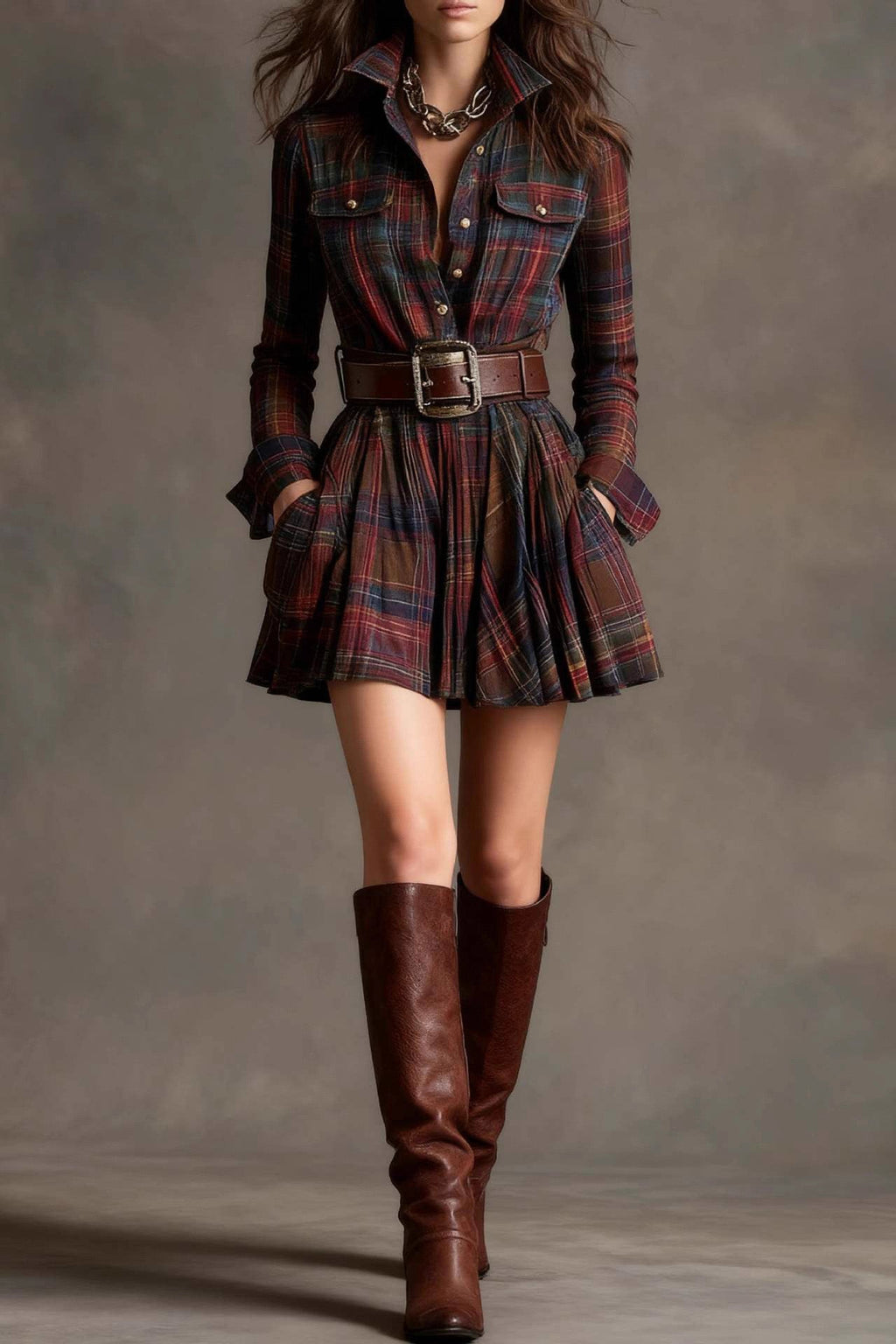 Vintage Lapel Red and Brown Plaid Mini Dress（Includes belt）