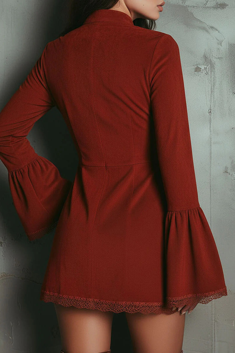 Vintage Rust Red Bell Sleeve Embroidered Faux Suede Lace Mini Dress