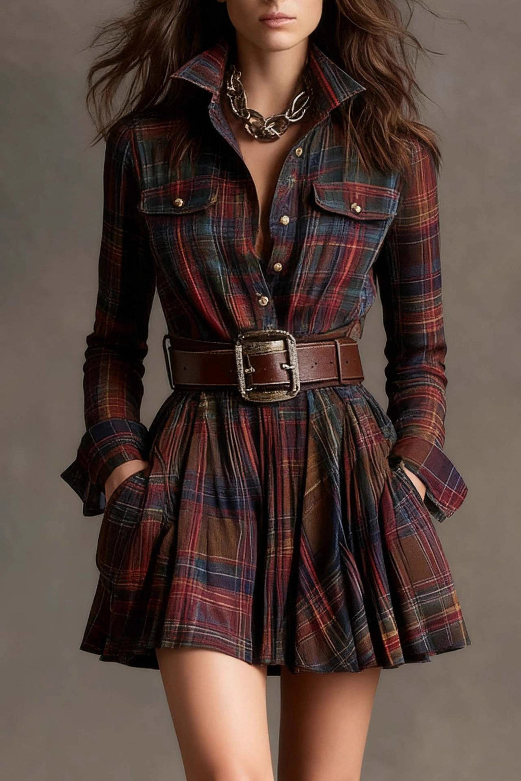 Vintage Lapel Red and Brown Plaid Mini Dress（Includes belt）