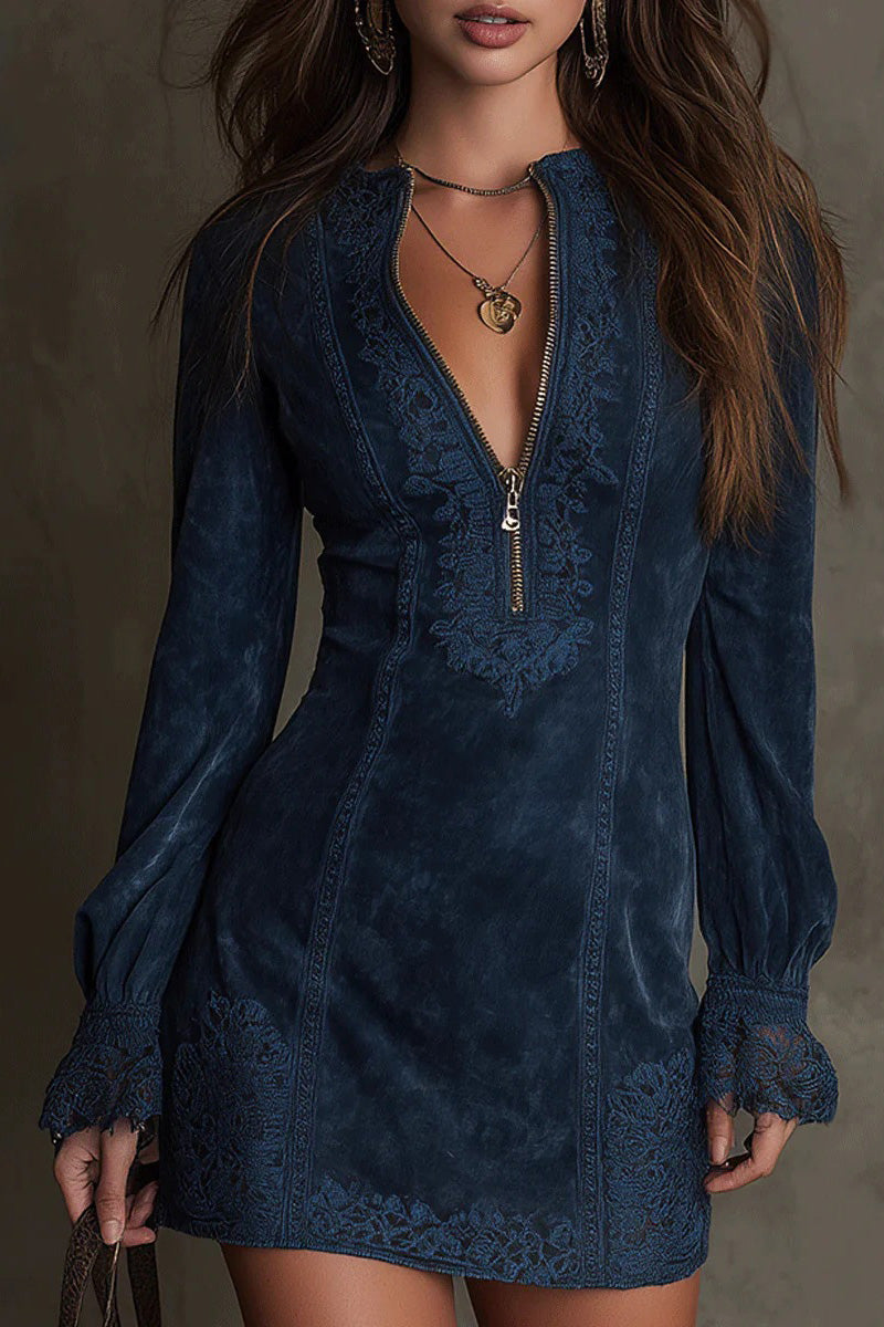 Vintage Blue Suede Lace Trim Mini Dress