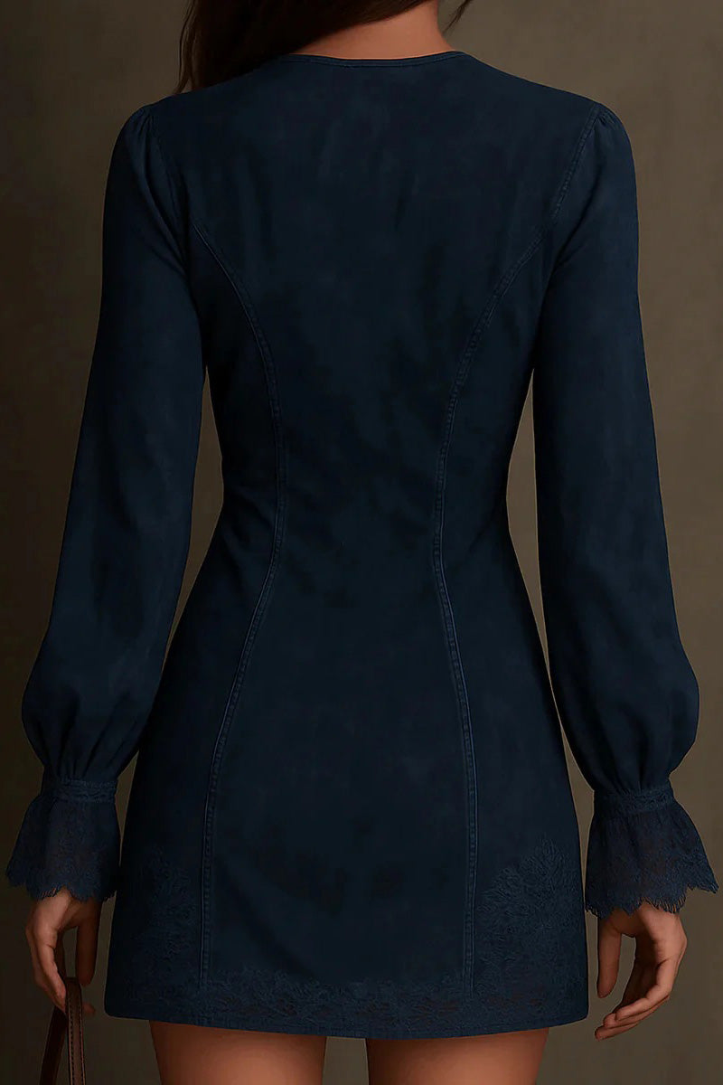 Vintage Blue Suede Lace Trim Mini Dress