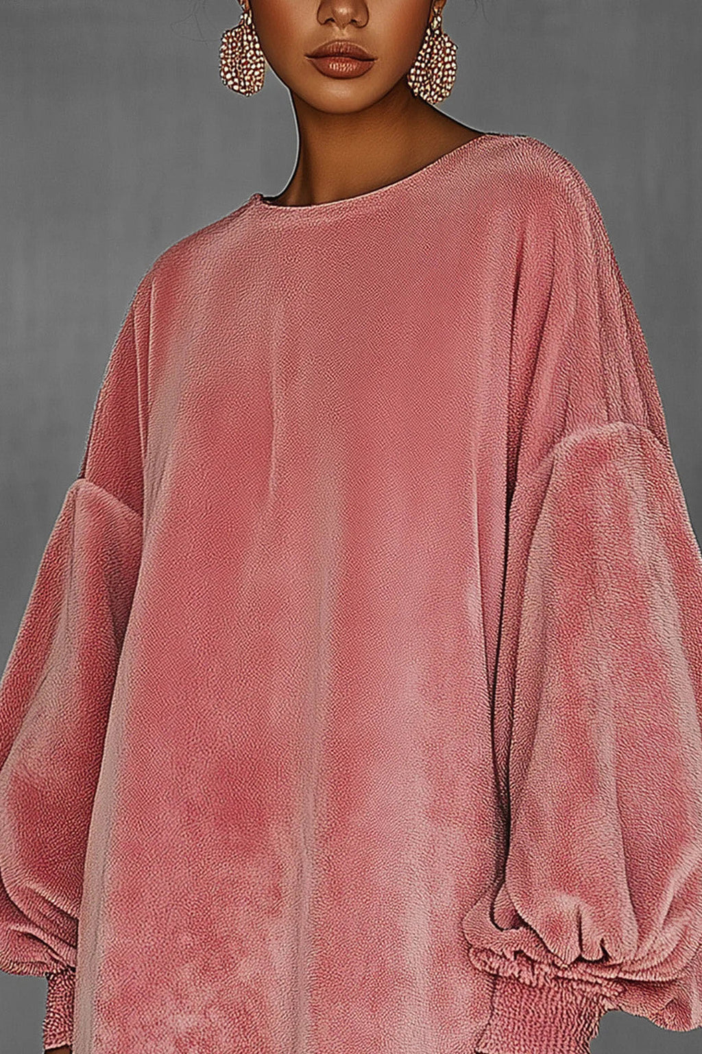 Oversized Pink Fringe Crew Neck Velvet Dress