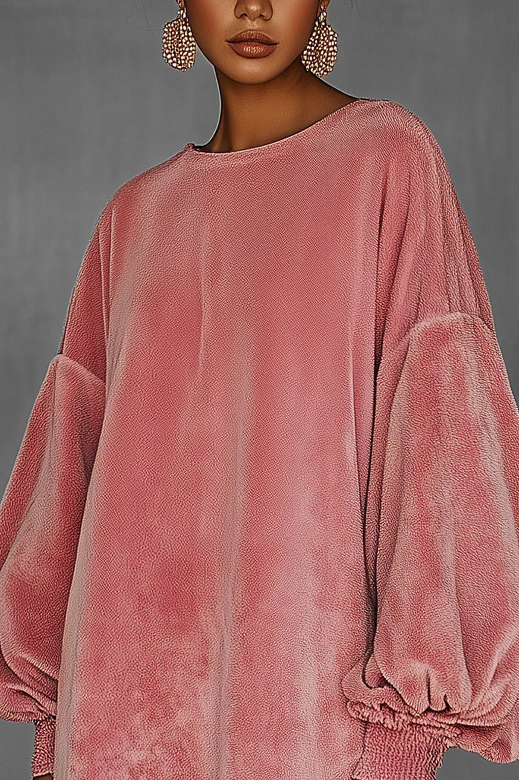 Oversized Pink Fringe Crew Neck Velvet Dress