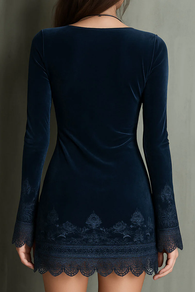 Navy Blue V-neck Embroidered Bell Sleeve Velvet Lace Trim Mini Dress