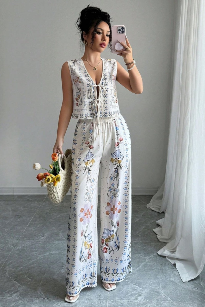 Tie-Up Vest & Wide-Leg Pants Set – Sky Blue Print