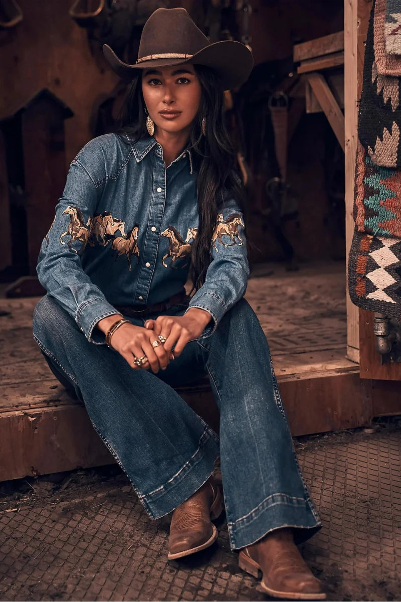 Horses Boyfriend Western Snap Shirt