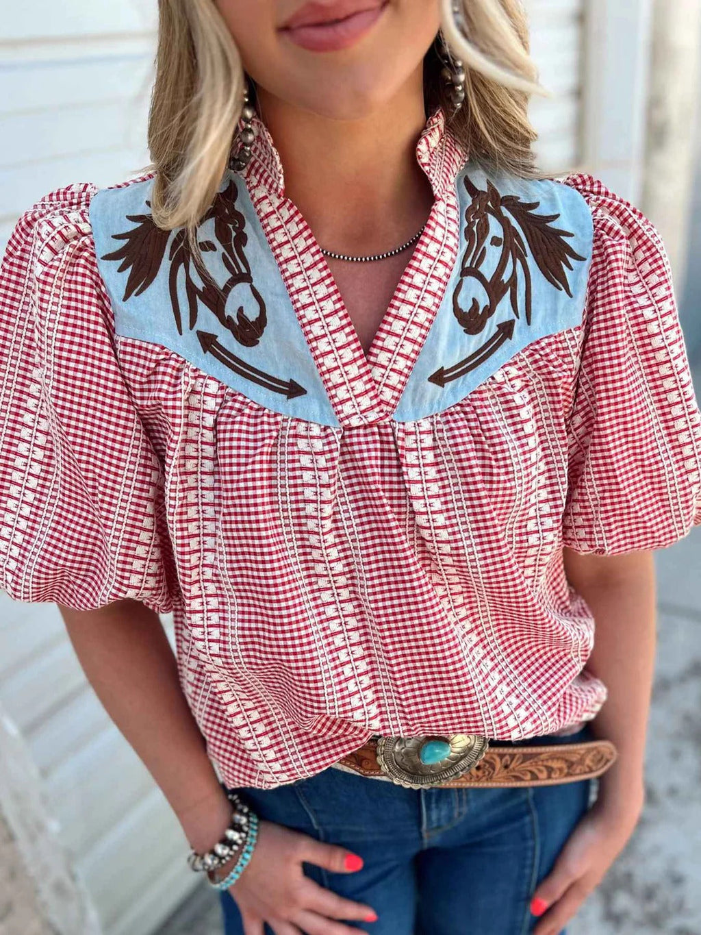 Prairie Horse Gingham Puff Sleeve Blouse