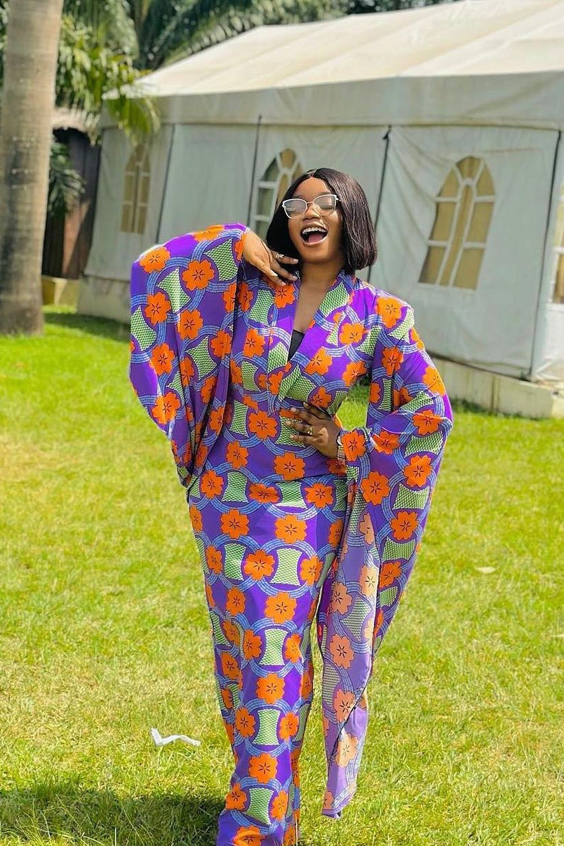 Vibrant Ankara Bell-Sleeve Fitted Maxi Dress