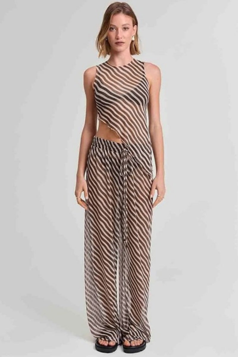 Diagonal Striped Sheer Irregular Top Loose Pants Set