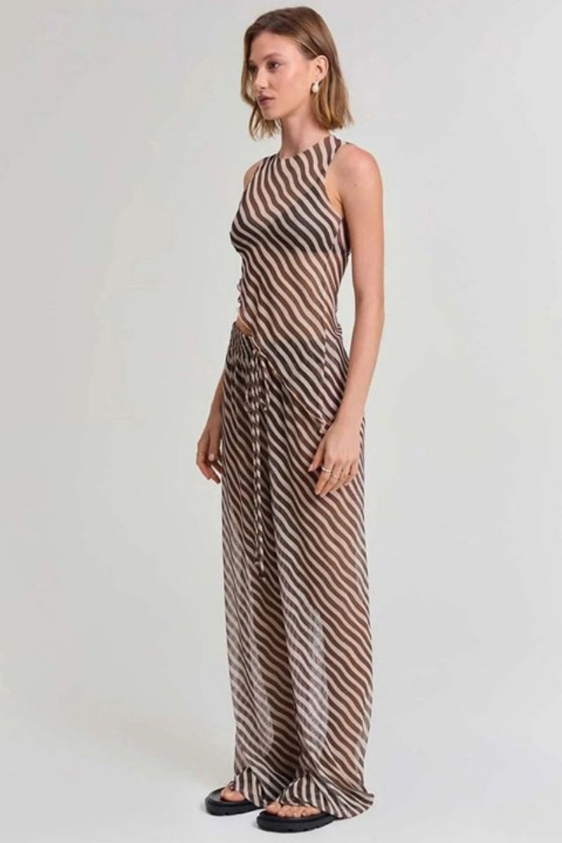 Diagonal Striped Sheer Irregular Top Loose Pants Set